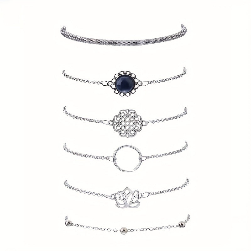 A Set of Six Minimalist Hollowed-Out for Lotus Leaf Round Stone Beaded Bohemian Ethnic Style Unique Bracelets,  Statement Bracelets, Hollowedout Pattern, Minimalist Design, Lightweight Bracelet, Delicate Craftsmanship, Fashio