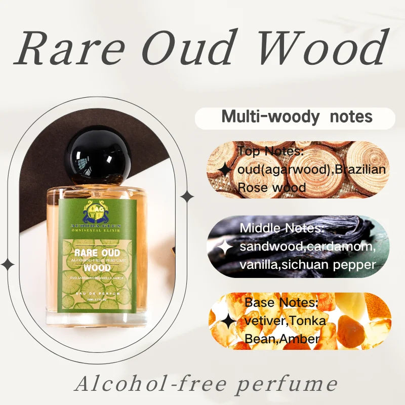 Rare Oud Wood Alcohol-free Unisex Perfume Aromatic Woody Fragrance with Oud, Sandalwood & Amber Long-Lasting EDP 50ml parfum