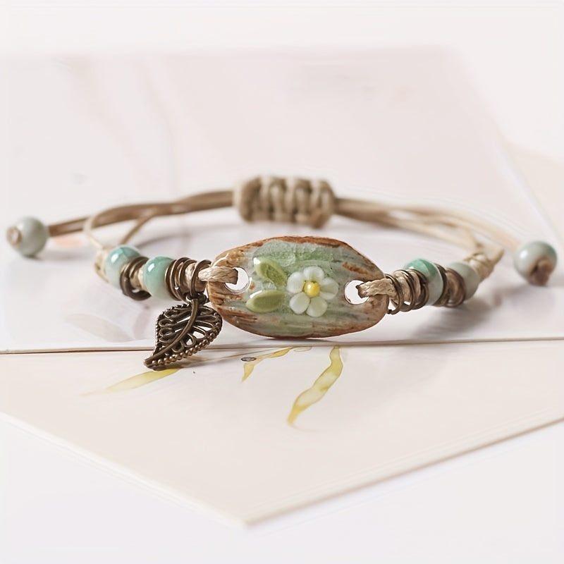 Delicate Ceramic Ornaments Clay Flower Bracelet With Adjustable Braided PU Leather Bracelet