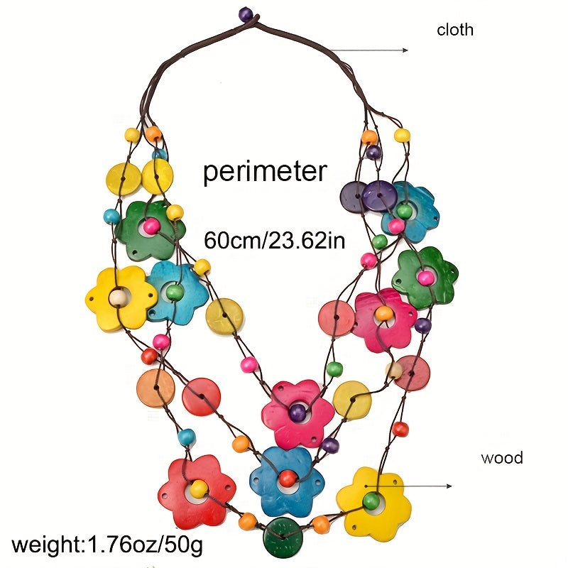 Handmade Boho Multilayer Wooden Multicolor Flower Necklace, Retro Style Wooden Rice Bead Women's Neck Jewelry Summer Beach Decor Ornament
