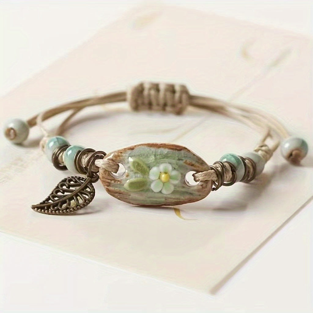 Delicate Ceramic Ornaments Clay Flower Bracelet With Adjustable Braided PU Leather Bracelet