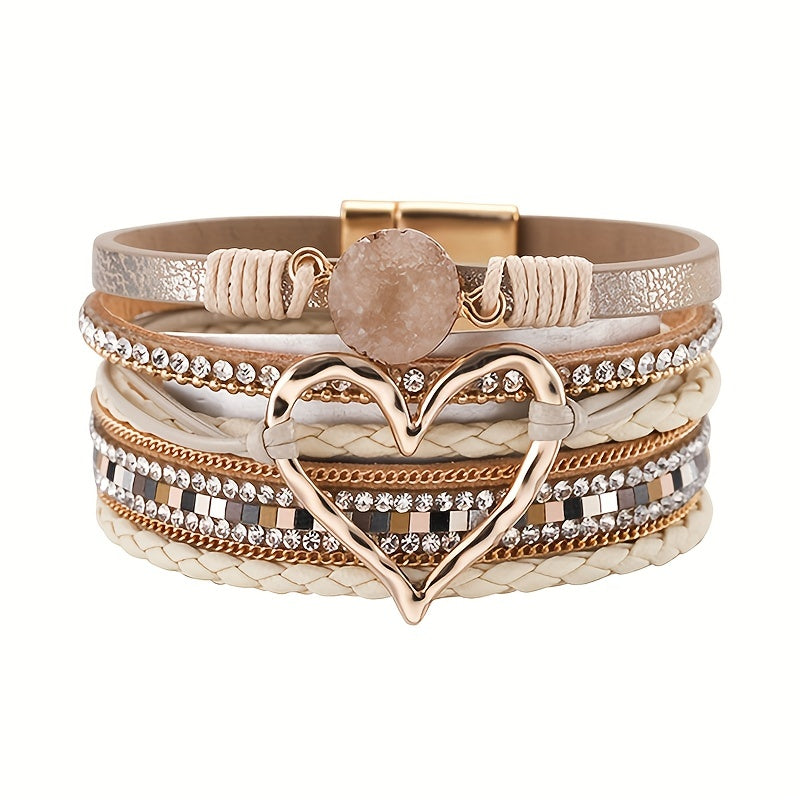 Exaggerated Love Shape Warp Bracelet Inlaid Rhinestone Multi-layer PU Leather Bracelet With Magnetic Buckle