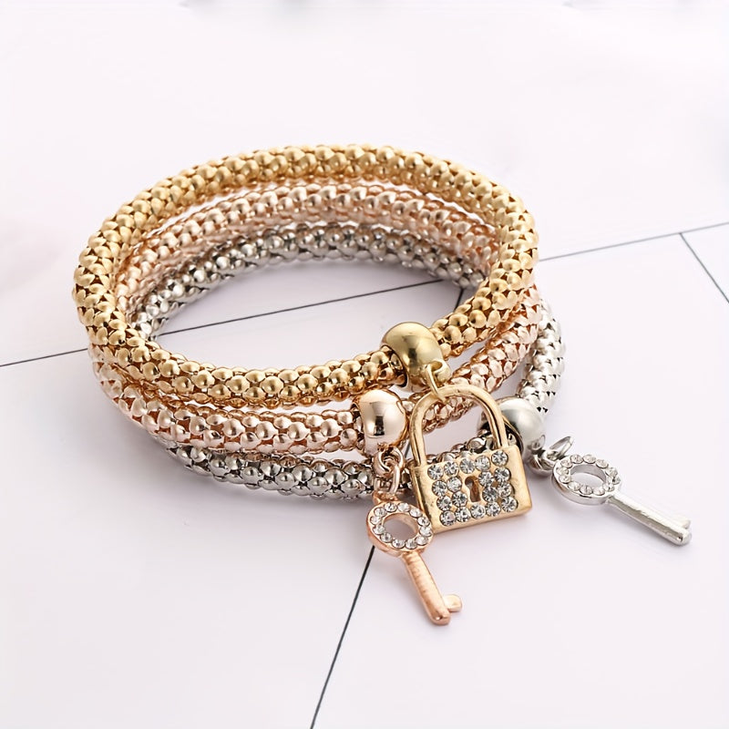 3 Pcs Stackable Bracelet Set With Lock & Key Shape Pendant Stretch Bracelet For Women Jewelry
