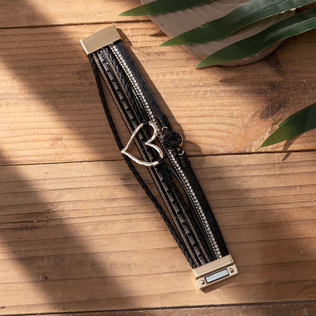 Exaggerated Love Shape Warp Bracelet Inlaid Rhinestone Multi-layer PU Leather Bracelet With Magnetic Buckle