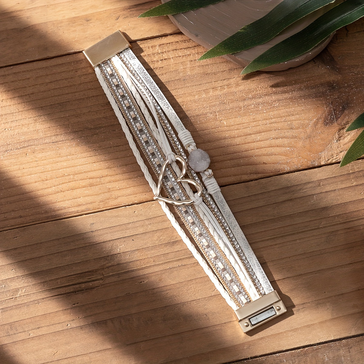 Exaggerated Love Shape Warp Bracelet Inlaid Rhinestone Multi-layer PU Leather Bracelet With Magnetic Buckle