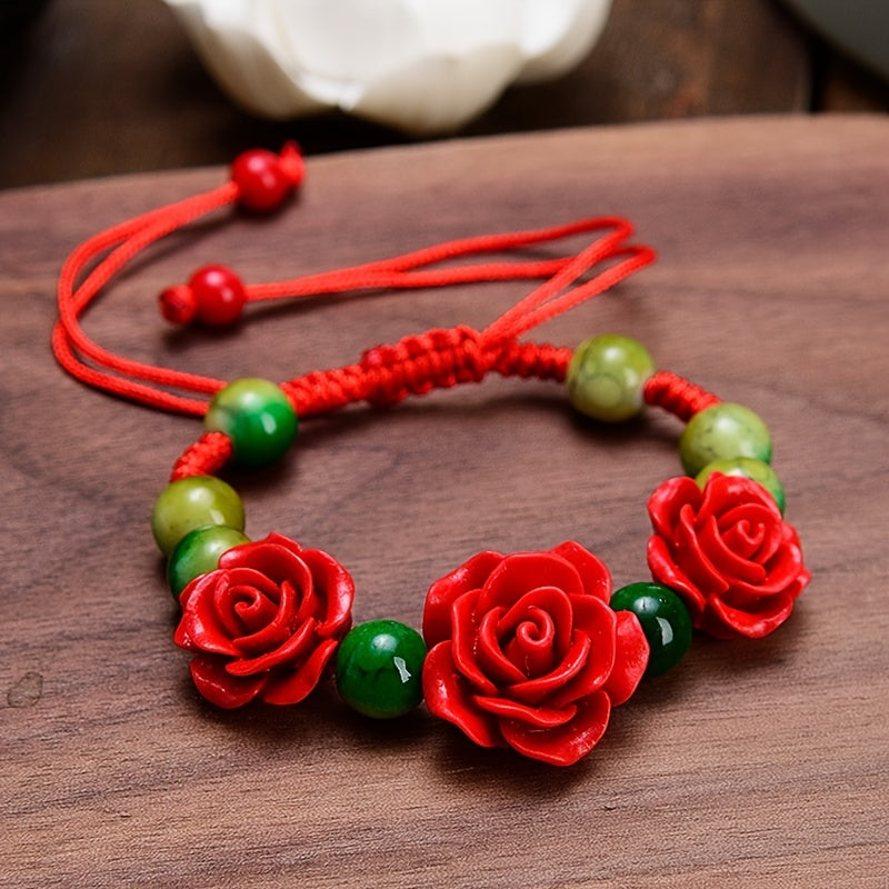 Flower Theme Beaded Bracelet Adjustable Hand Jewelry For Red Wedding Gift 1 Pc