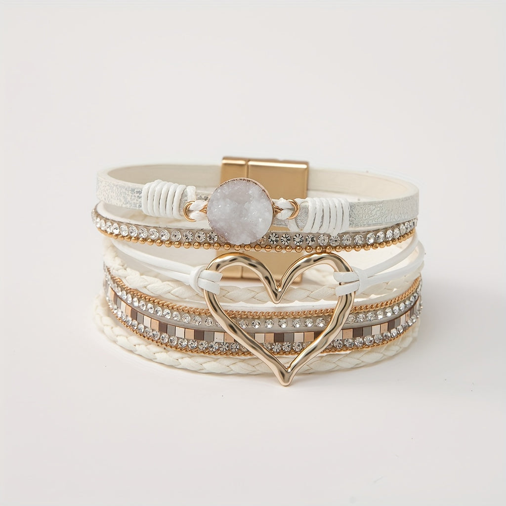 Exaggerated Love Shape Warp Bracelet Inlaid Rhinestone Multi-layer PU Leather Bracelet With Magnetic Buckle