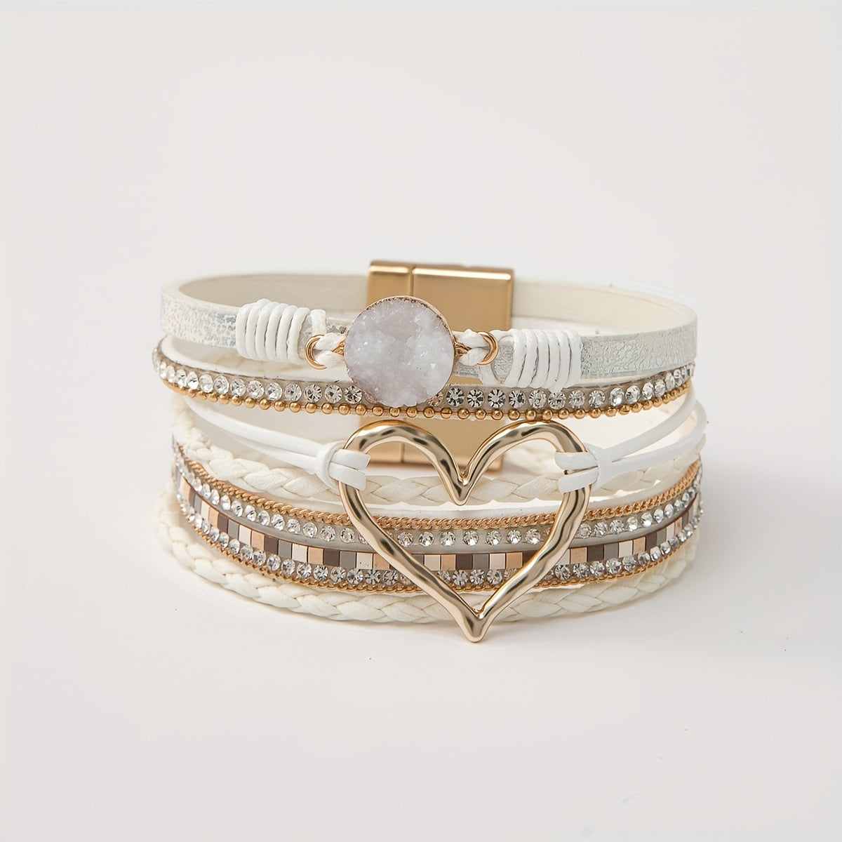 Exaggerated Love Shape Warp Bracelet Inlaid Rhinestone Multi-layer PU Leather Bracelet With Magnetic Buckle