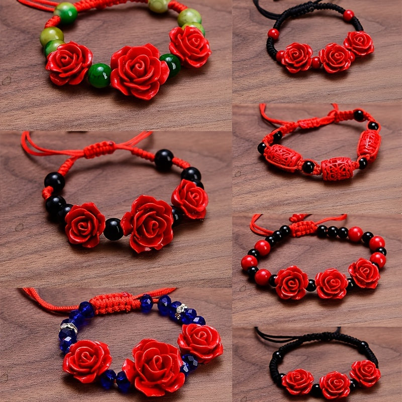 Flower Theme Beaded Bracelet Adjustable Hand Jewelry For Red Wedding Gift 1 Pc