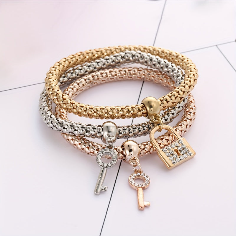 3 Pcs Stackable Bracelet Set With Lock & Key Shape Pendant Stretch Bracelet For Women Jewelry