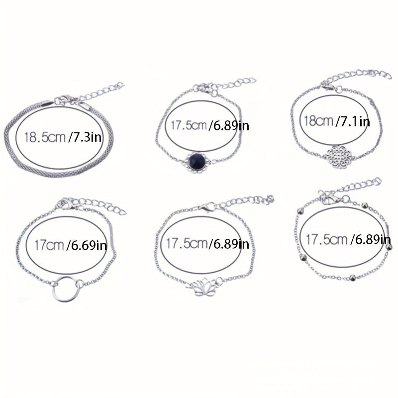 A Set of Six Minimalist Hollowed-Out for Lotus Leaf Round Stone Beaded Bohemian Ethnic Style Unique Bracelets,  Statement Bracelets, Hollowedout Pattern, Minimalist Design, Lightweight Bracelet, Delicate Craftsmanship, Fashio