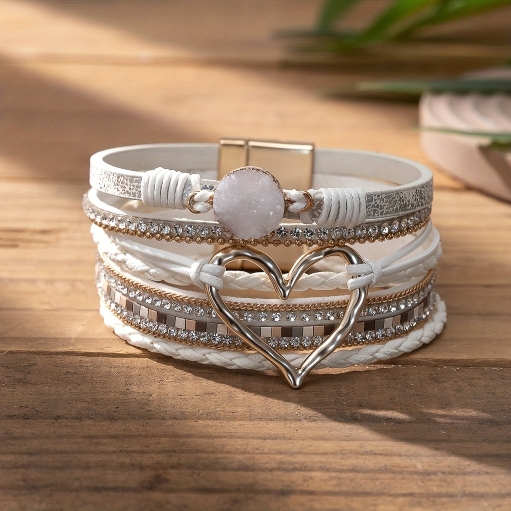 Exaggerated Love Shape Warp Bracelet Inlaid Rhinestone Multi-layer PU Leather Bracelet With Magnetic Buckle