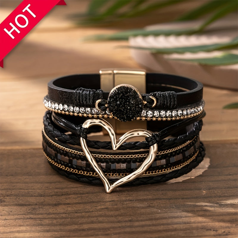 Exaggerated Love Shape Warp Bracelet Inlaid Rhinestone Multi-layer PU Leather Bracelet With Magnetic Buckle