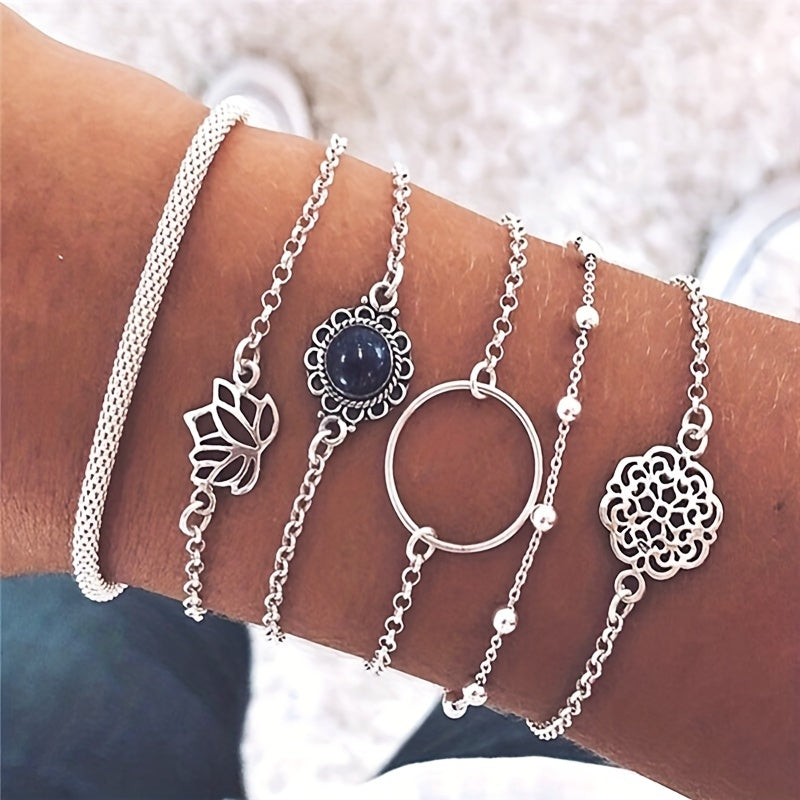 A Set of Six Minimalist Hollowed-Out for Lotus Leaf Round Stone Beaded Bohemian Ethnic Style Unique Bracelets,  Statement Bracelets, Hollowedout Pattern, Minimalist Design, Lightweight Bracelet, Delicate Craftsmanship, Fashio