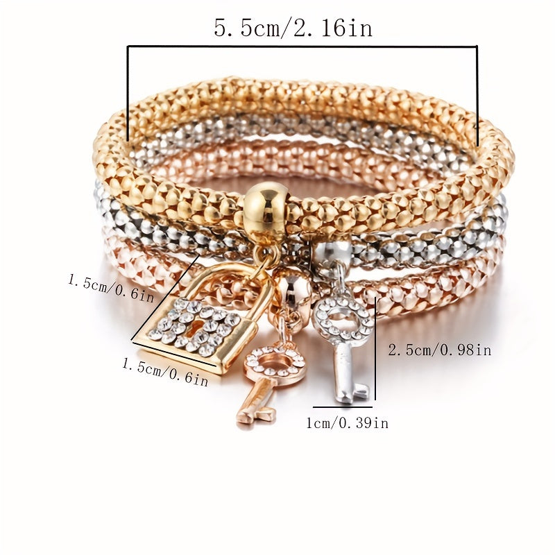 3 Pcs Stackable Bracelet Set With Lock & Key Shape Pendant Stretch Bracelet For Women Jewelry