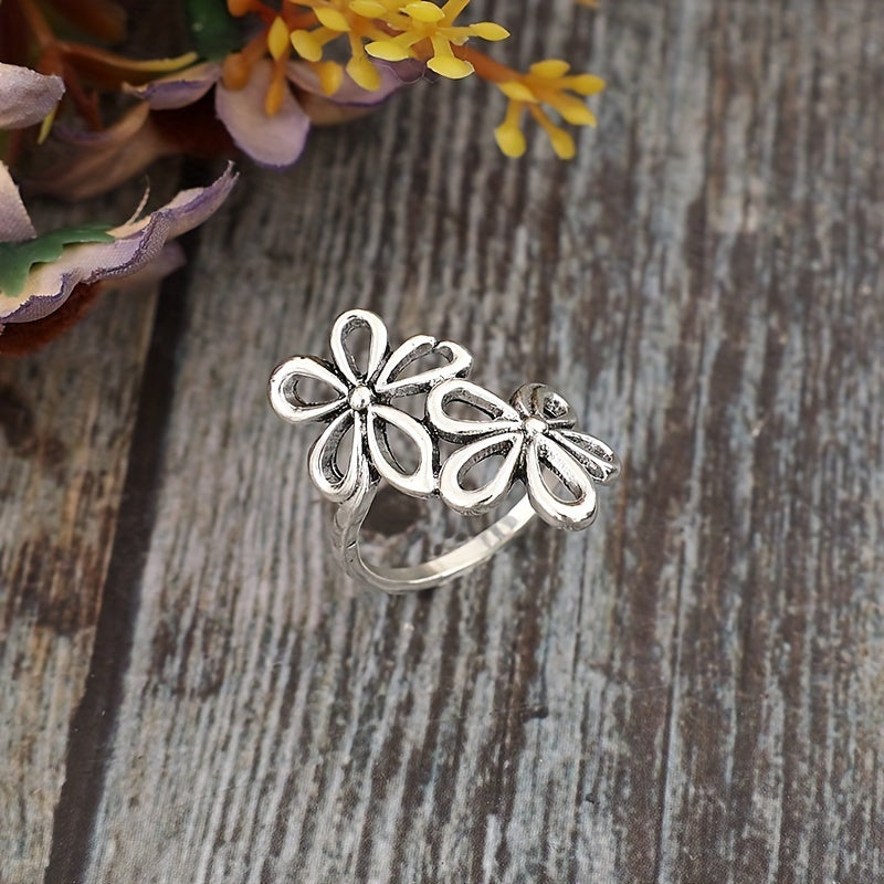 Double Hollow Flower Adjustable Open Ring Vintage Style Finger Jewelry Decor For Women